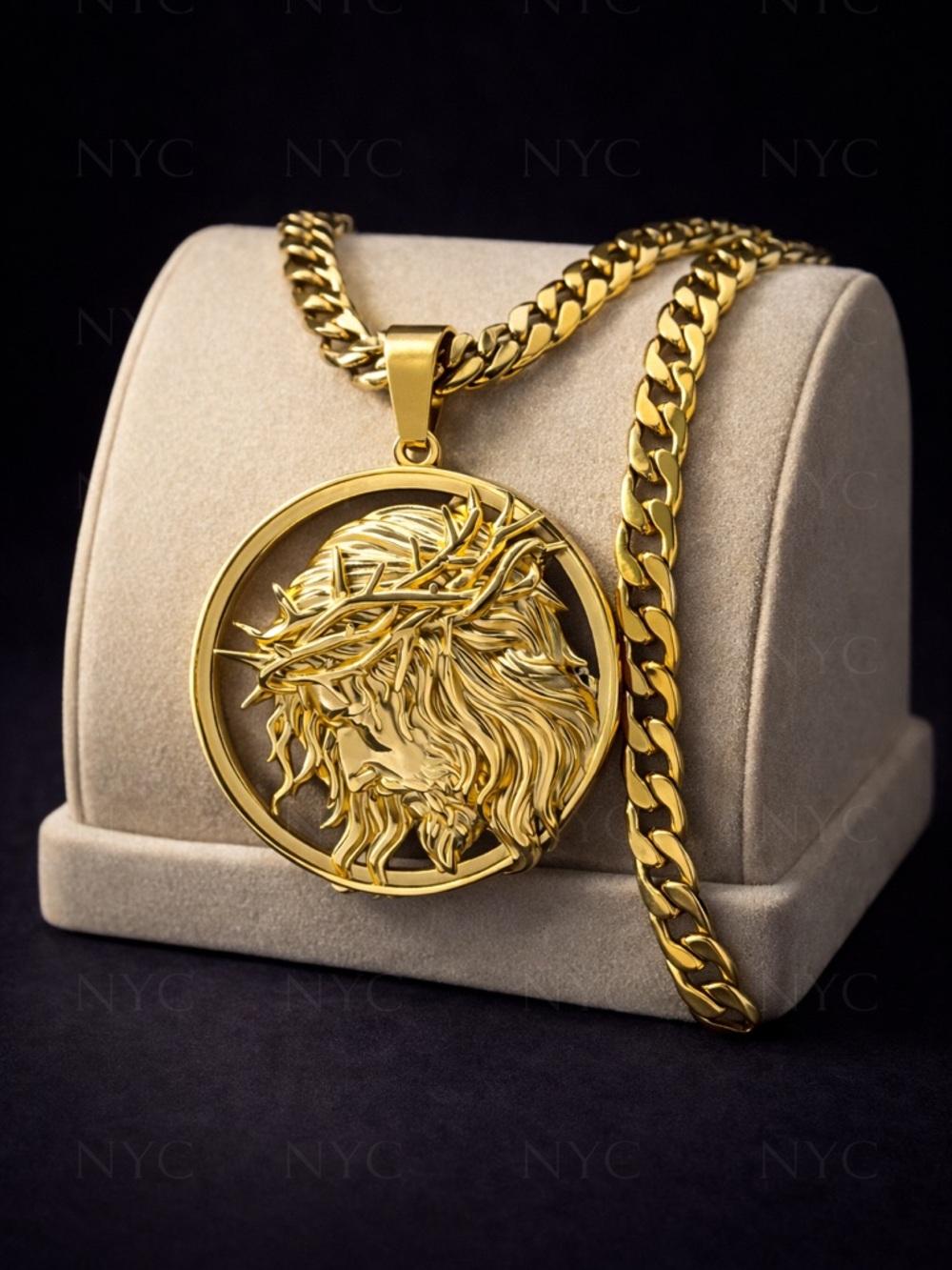 Gold-Tone Men's Medallion Necklace with Crowned Head Pendant #20